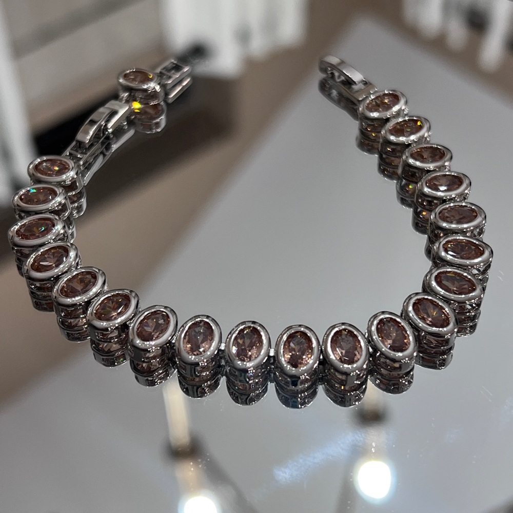 Champagne Bezel Set Oval CZ Tennis Bracelet White Gold